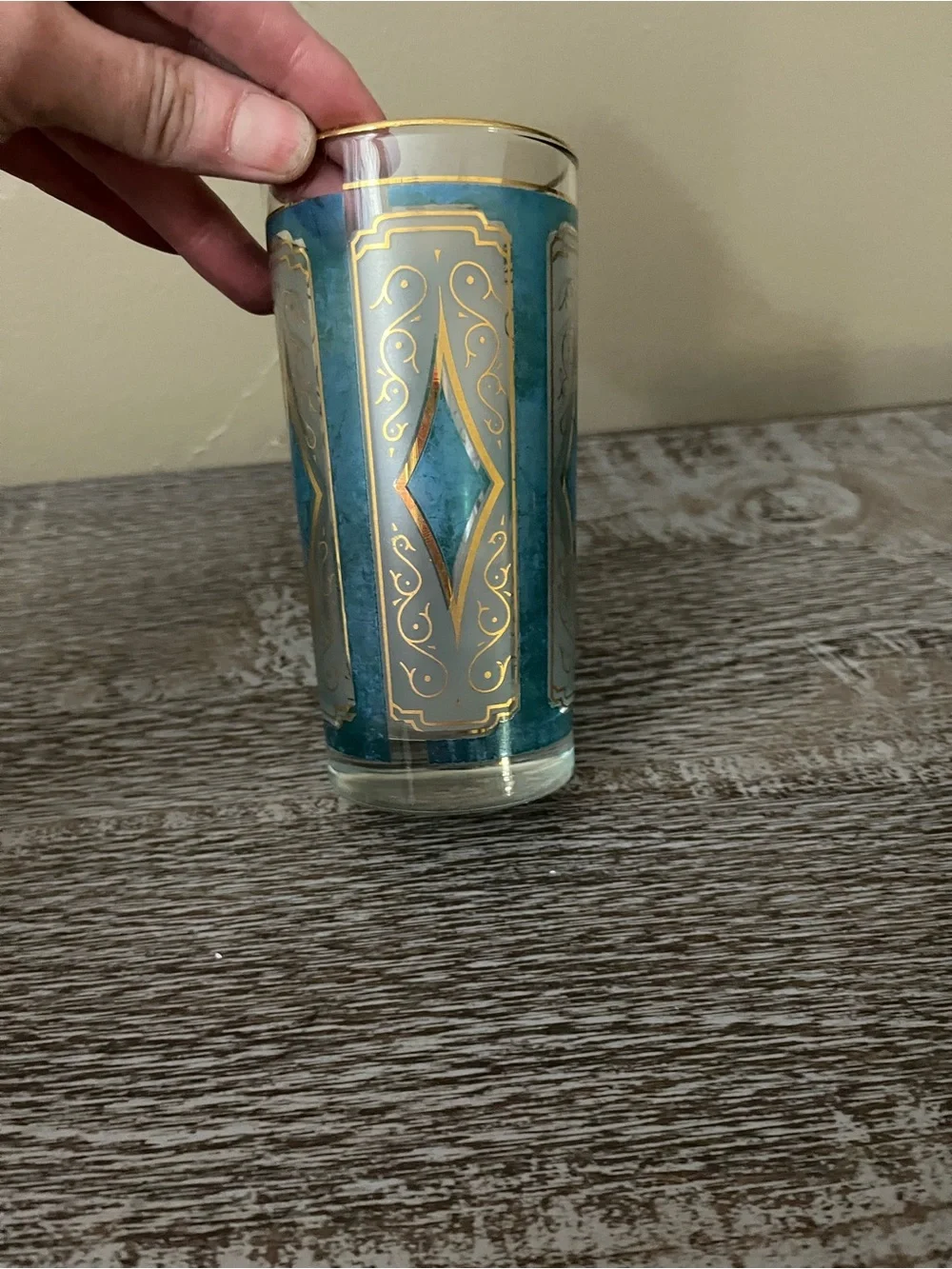 Vintage Libbey Blue & Gold Diamond Glasses Set of 3 with 22k gold rim